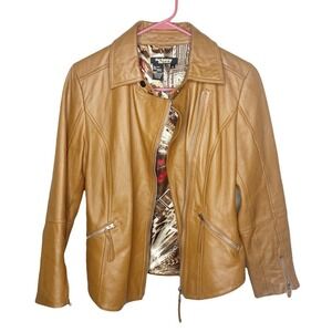 Twiggy of London Tan Leather Full Zip Moto Jacket Hipster Biker Punk Rock Small
